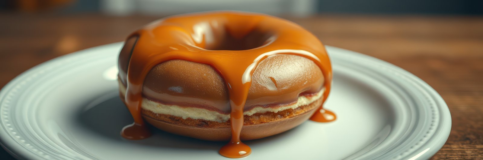 Delicious caramel-covered donut resting on a white plate ready for enjoyment at a cozy cafe